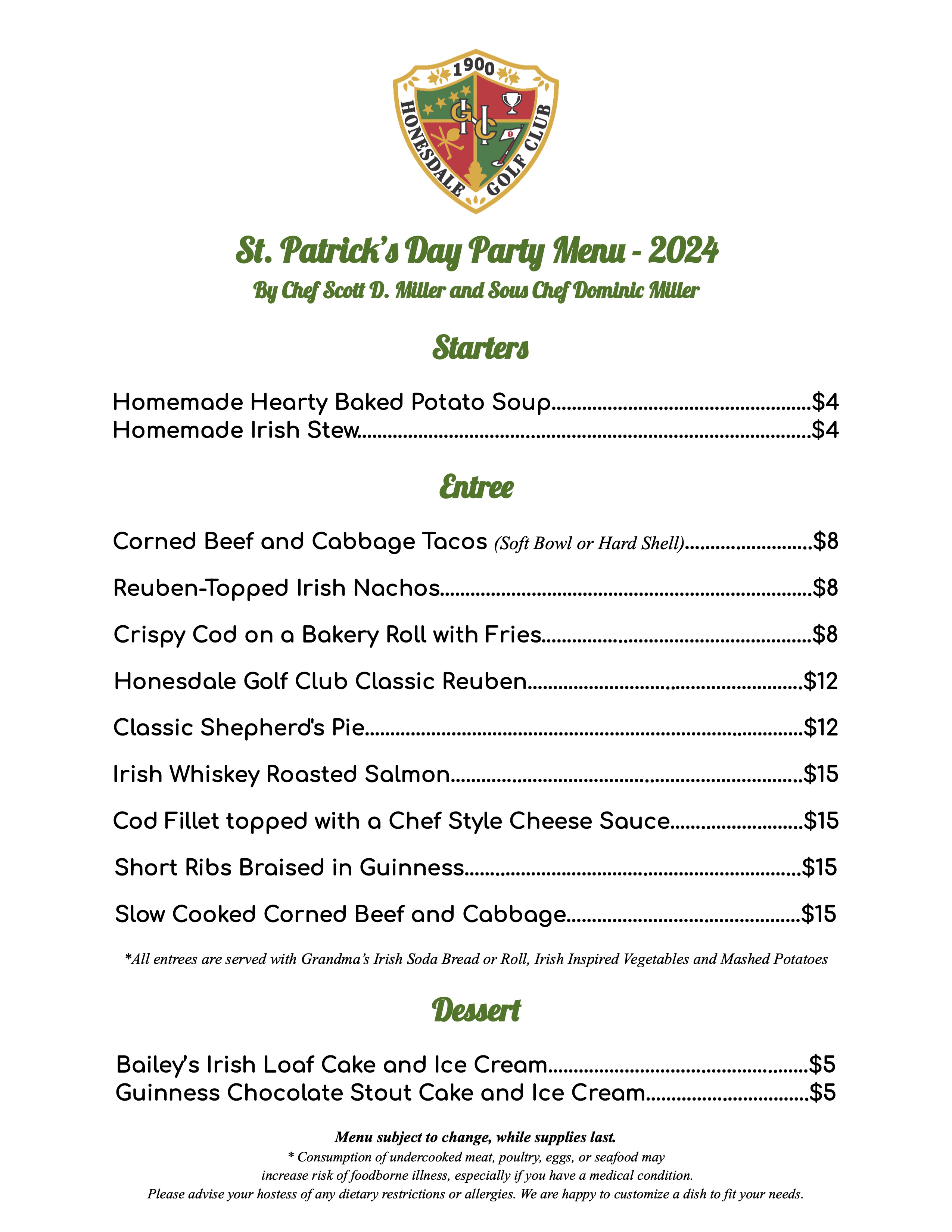 HGC Special Menu St Patricks Day 2024